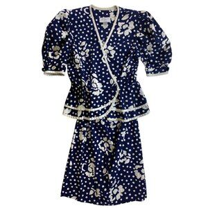 Vtg 100% Cotton 2-Piece Navy Polka Dot Floral Blazer Skirt Set Eighties Size 12‎